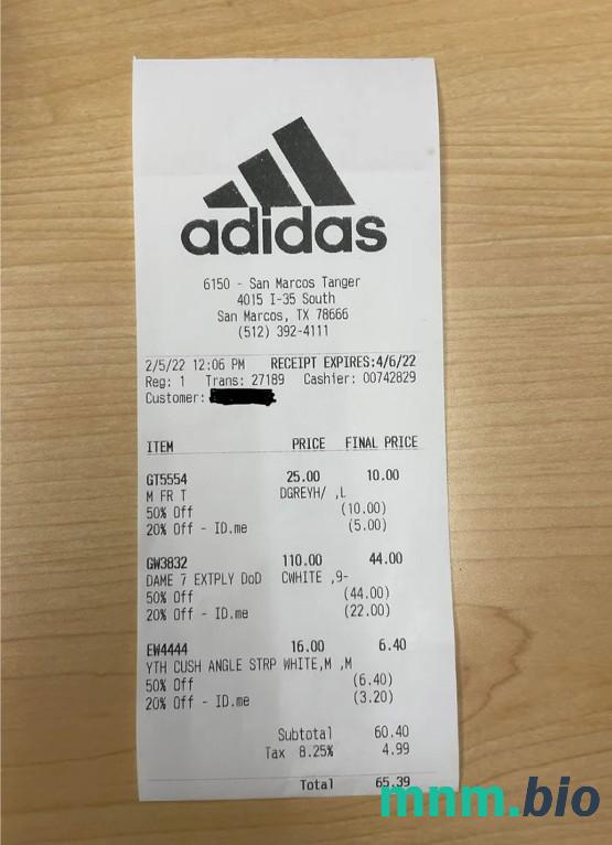 USA Adidas szablon pokwitowania płatności PSD